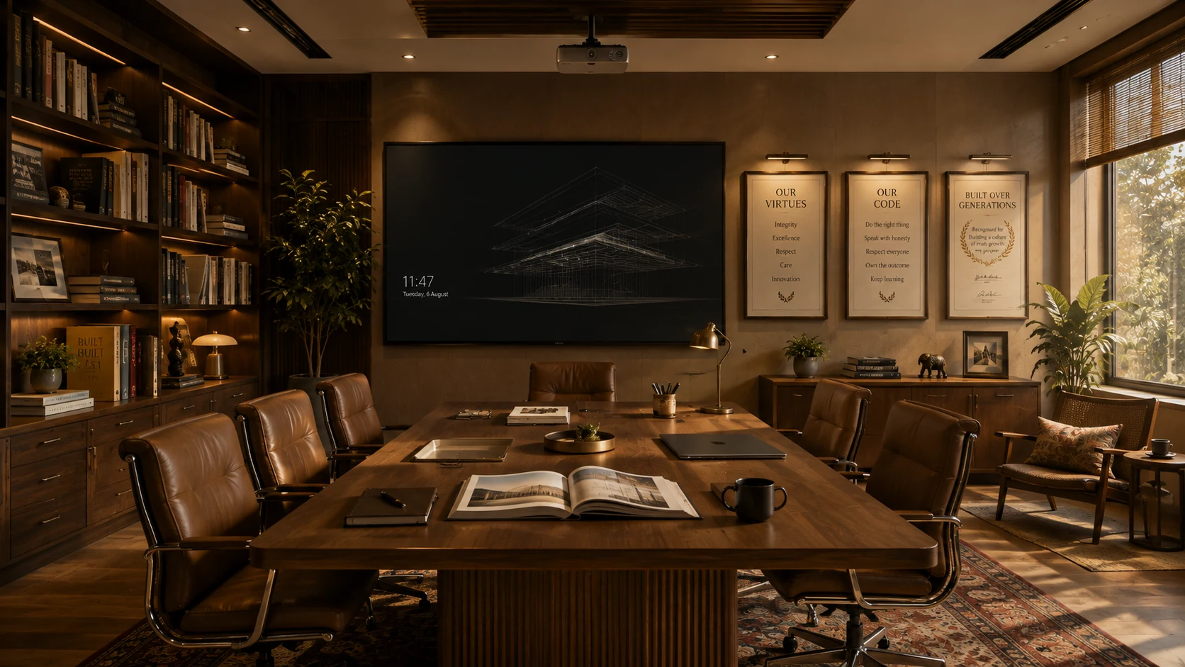 A warm contemporary corporate study with books, a long worktable, modern presentation screen and framed organisational values.