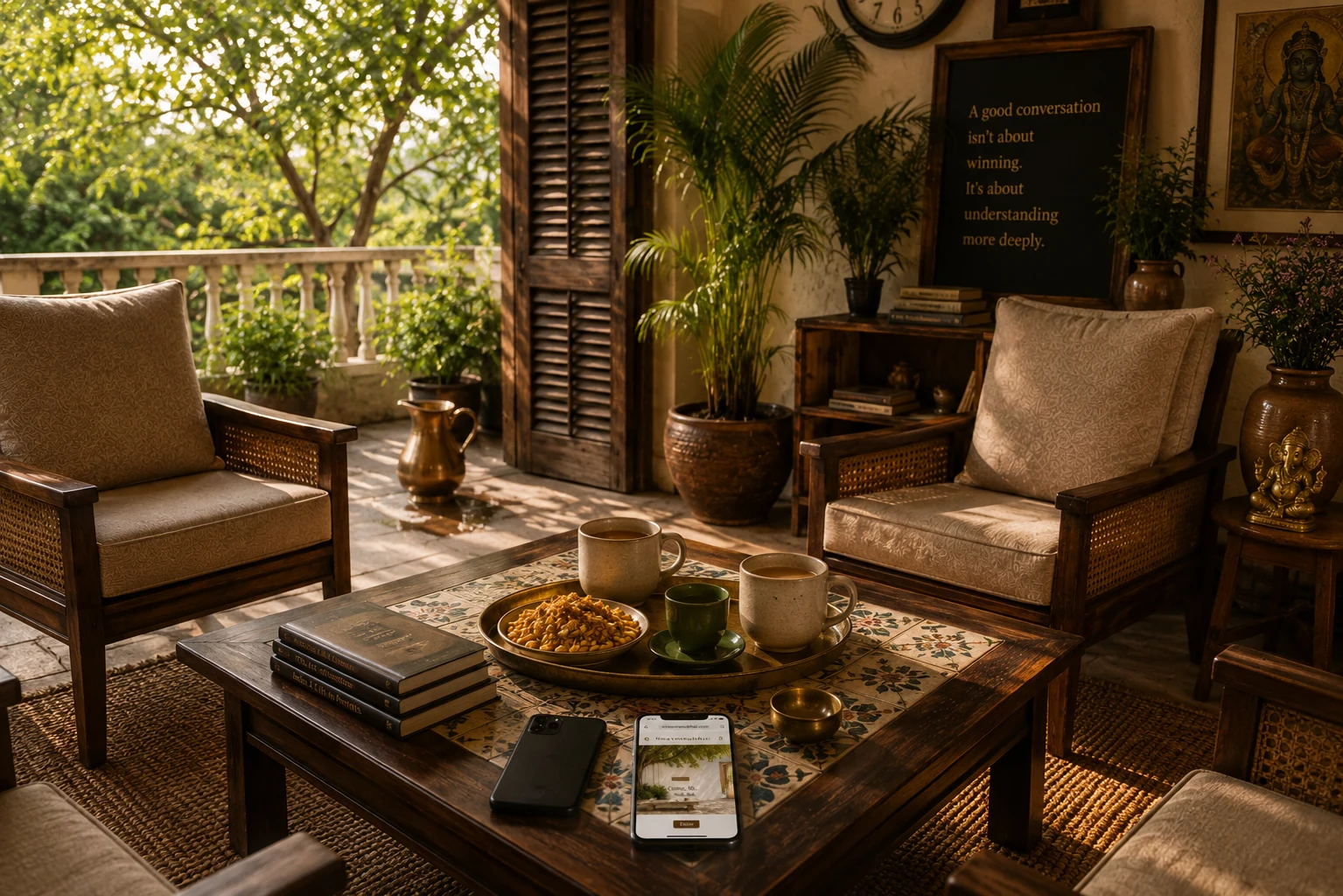 Conversation — an airy sitting room with three cups of tea, Gujarati savouries and empty chairs ready for an unhurried exchange.