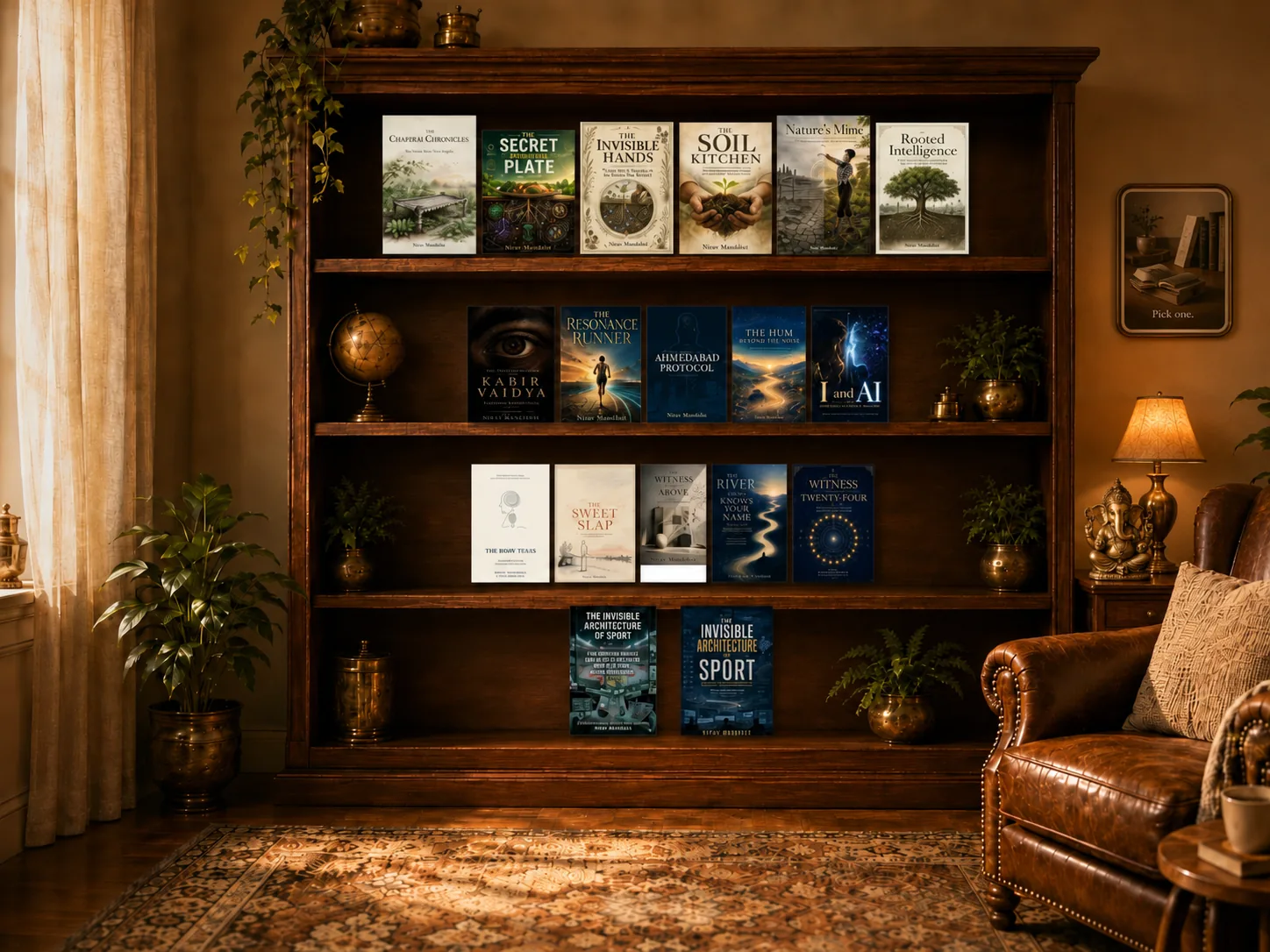 My Books — a warm reading room with the current bookshelf and a quiet invitation to pick one.