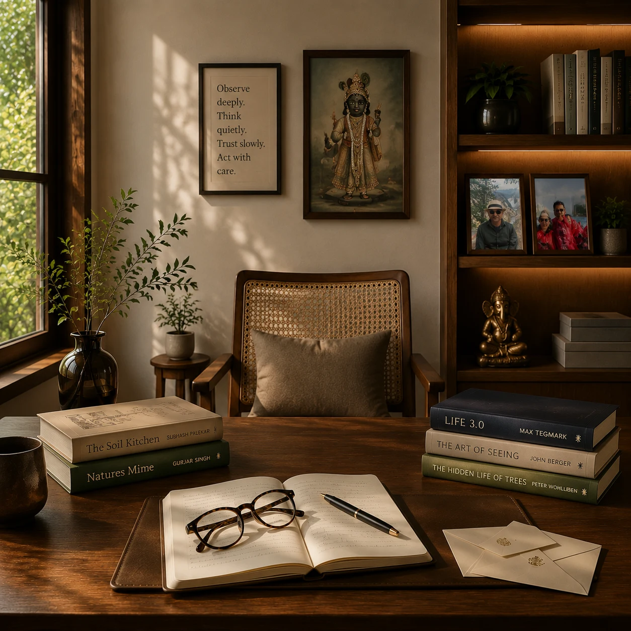 My Study — a desk with books, an open journal, a Ganesha, a family photograph, and a framed reminder: Observe deeply. Think quietly. Trust slowly. Act with care.