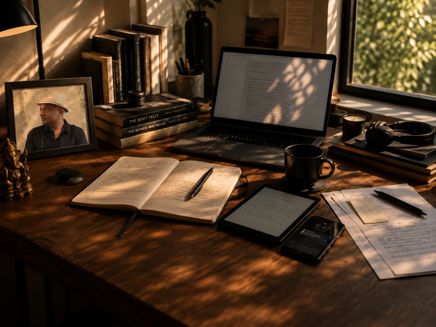 A contemporary writing desk in warm afternoon light, with Nirav Manubhai's working notebook, laptop, books, a small brass Ganesha and a framed family photograph.