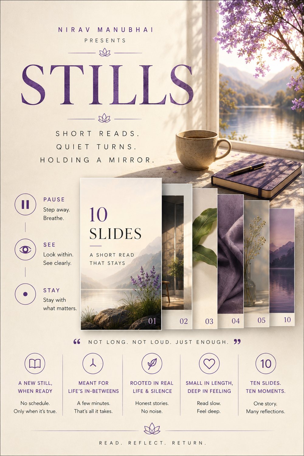 STILLS — short reads, quiet turns, holding a mirror. Series poster.