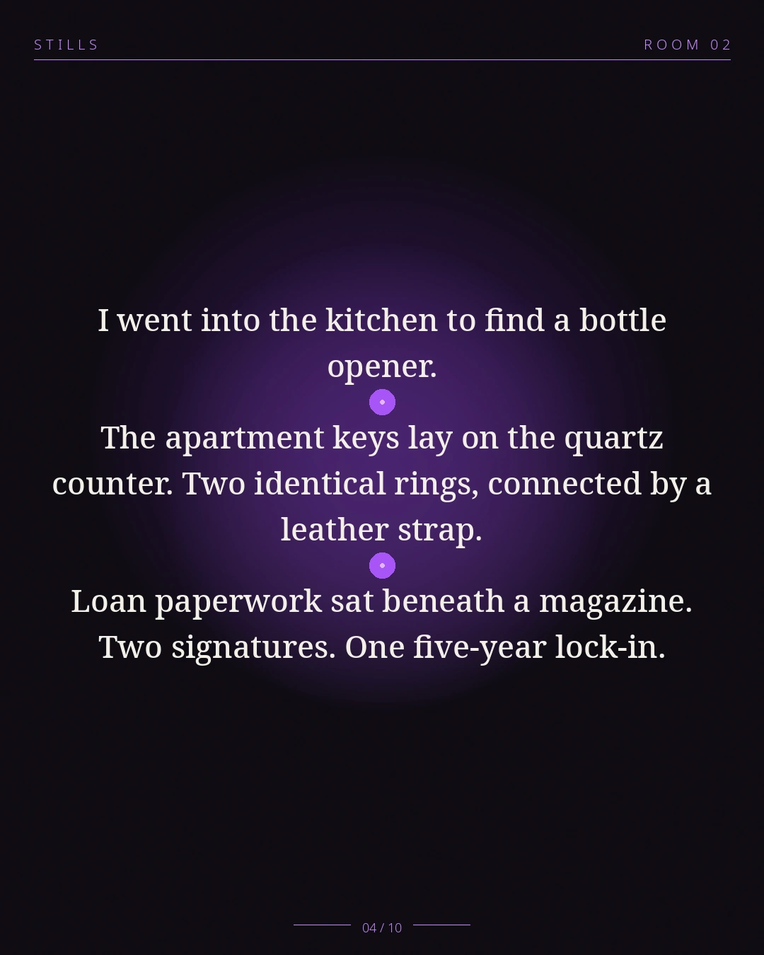 STILLS Room 02, The Co-Signed Flat — 04/10: I went into the kitchen to find a bottle opener. The apartment keys la