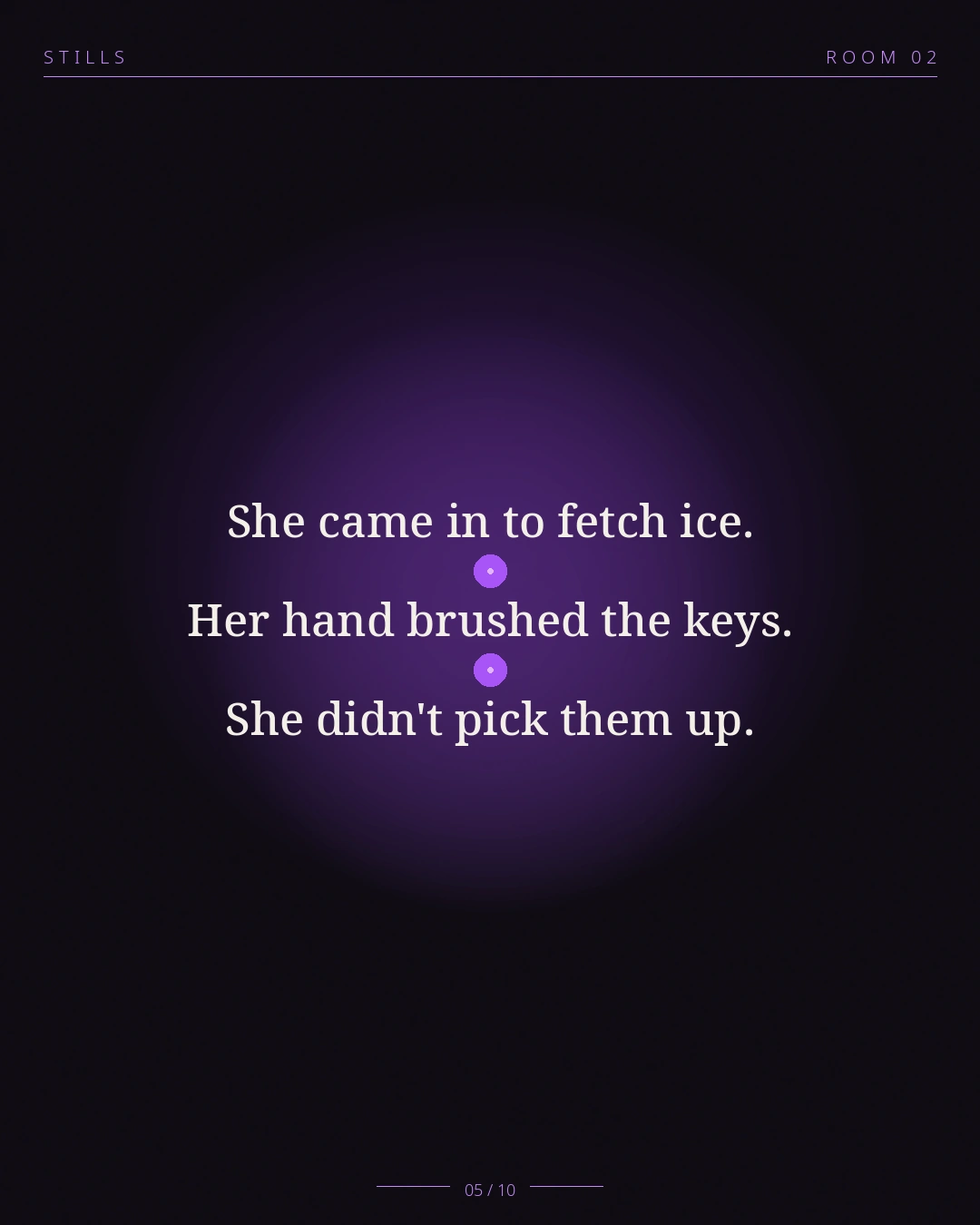 STILLS Room 02, The Co-Signed Flat — 05/10: She came in to fetch ice. Her hand brushed the keys. She didn't pick t