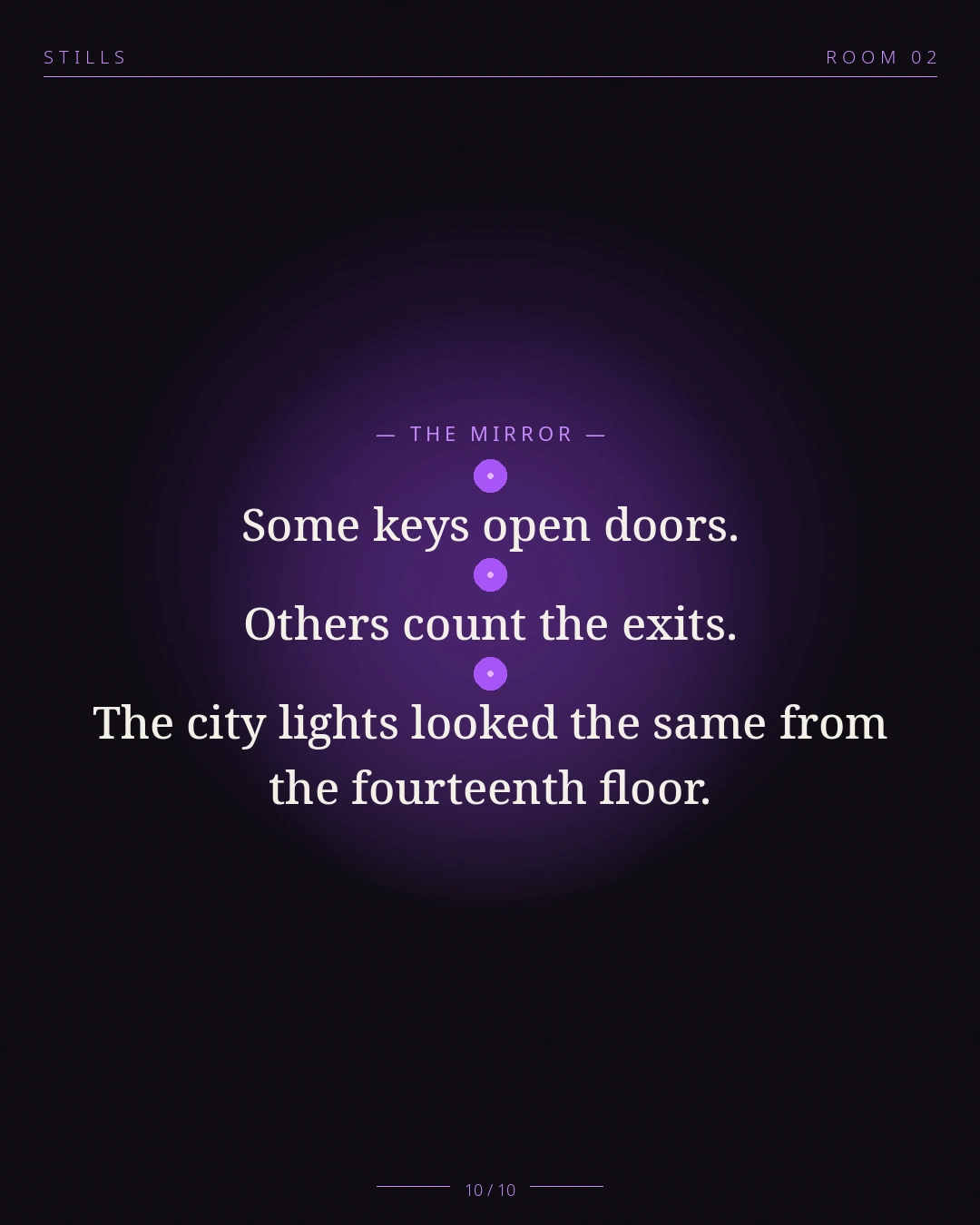 STILLS Room 02, The Co-Signed Flat — THE MIRROR: Some keys open doors. Others count the exits. The city lights looked t