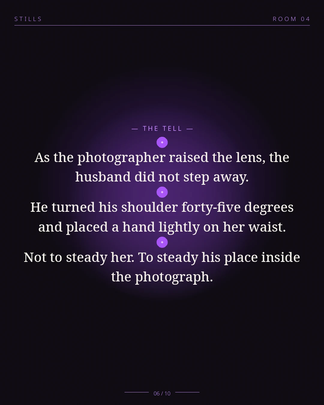 STILLS Room 04, The Silent Partner — THE TELL: As the photographer raised the lens, the husband placed a hand lightly