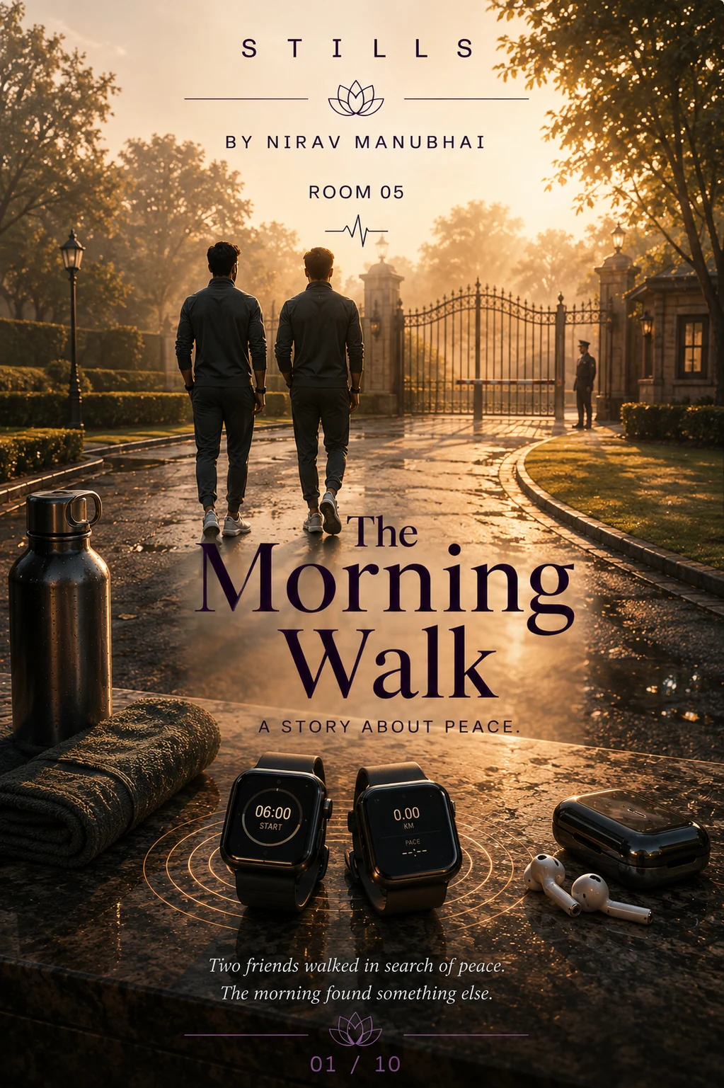 STILLS Room 05, The Morning Walk — COVER: THE MORNING WALK · A story about peace. · He had come to emit peace. T