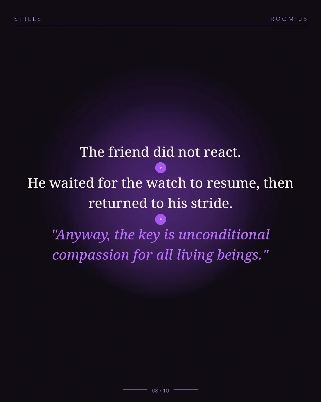 STILLS Room 05, The Morning Walk — 08/10: The friend did not react. He waited for the watch to resume, then retu