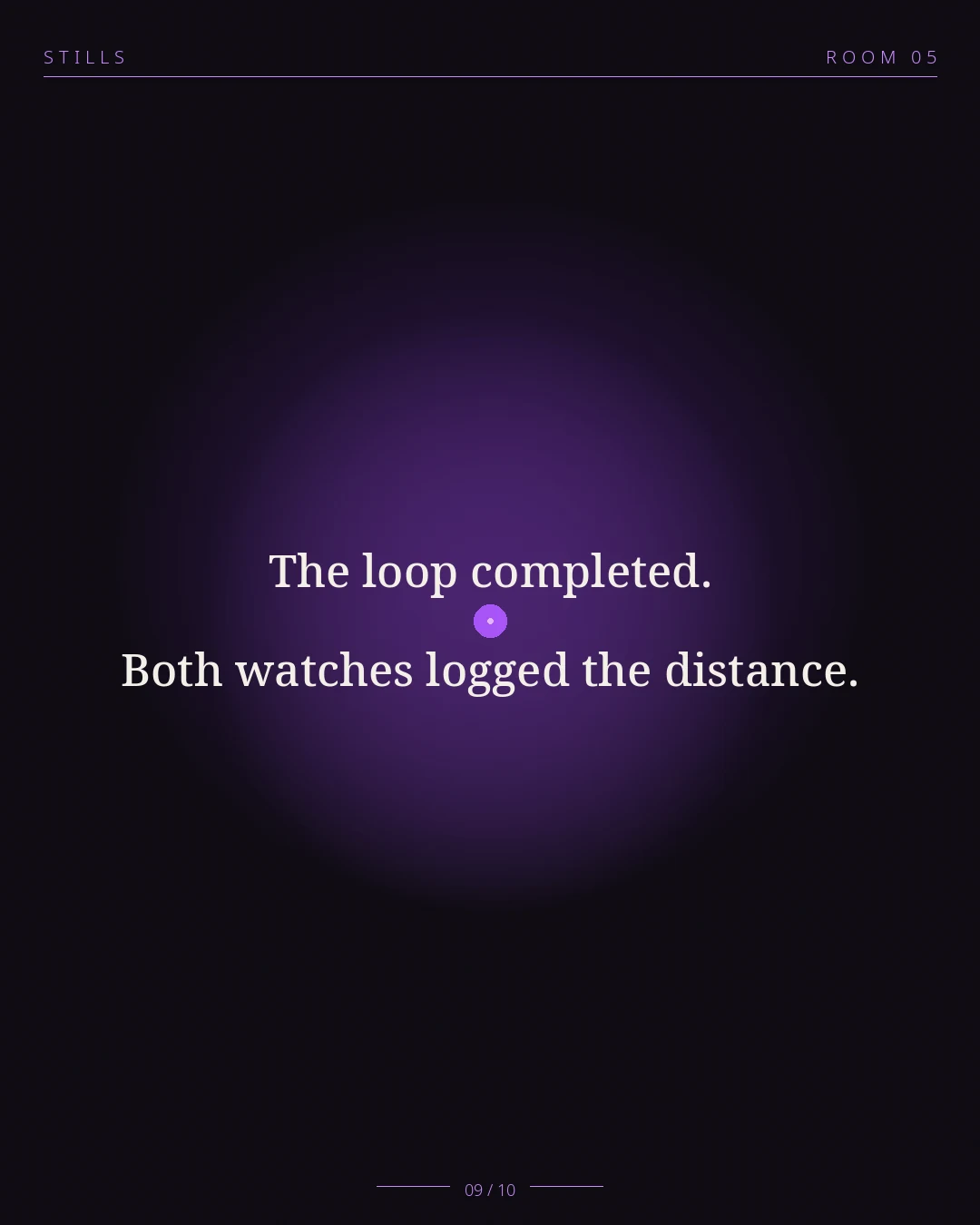 STILLS Room 05, The Morning Walk — 09/10: The loop completed. Both watches logged the distance.