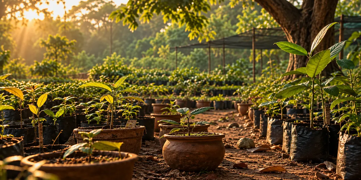 Young native trees growing in a tree nursery at dawn, with a clay pot in the foreground, a path through the nursery and a mature tree at right.