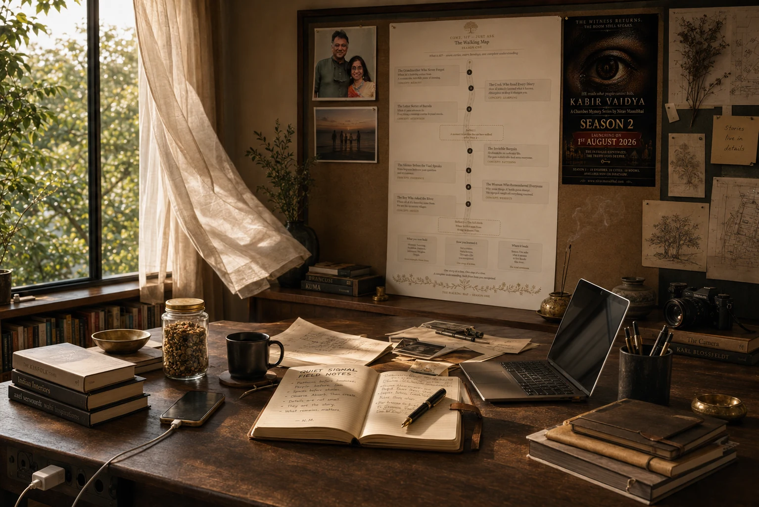 The Study — a lived-in writing room with field notes, working maps, books, family photographs and the tools still in use.