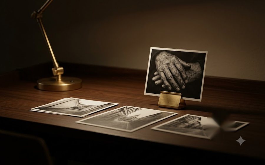 STILLS — a black-and-white photograph of clasped hands, standing in a brass clip