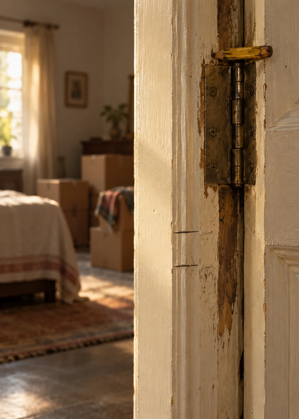 A worn wooden doorframe by a brass hinge, a bedroom with boxes beyond it in morning light.