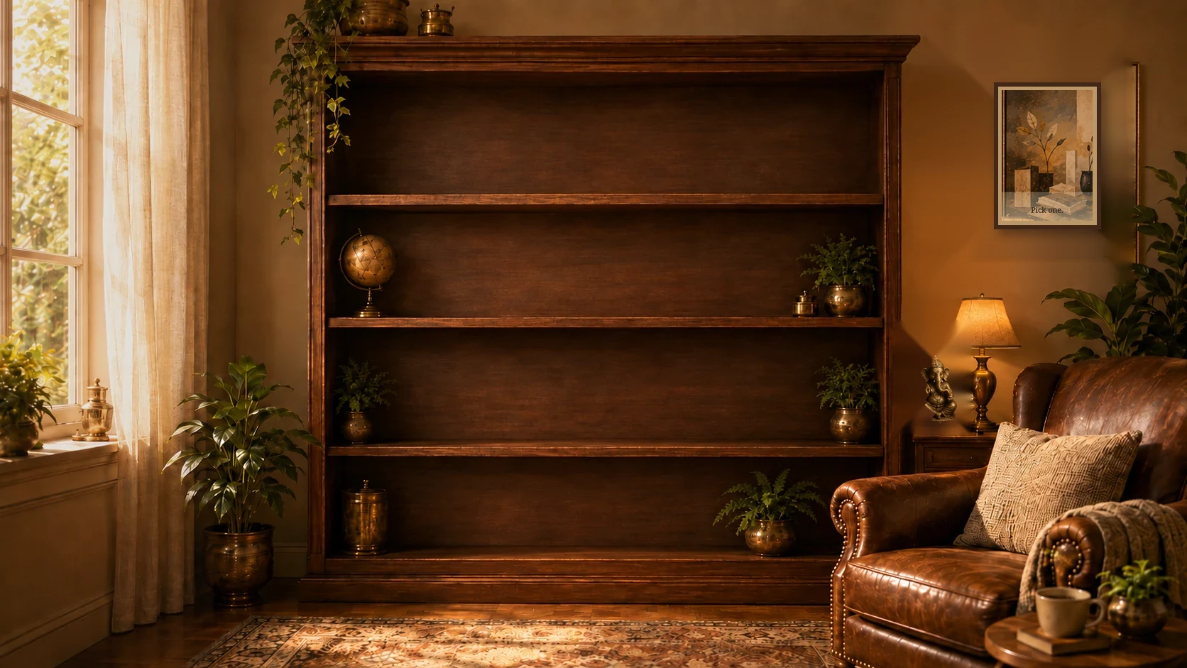 A warm reading room with a wooden bookshelf, window, reading chair, lamp and framed contemporary artwork.